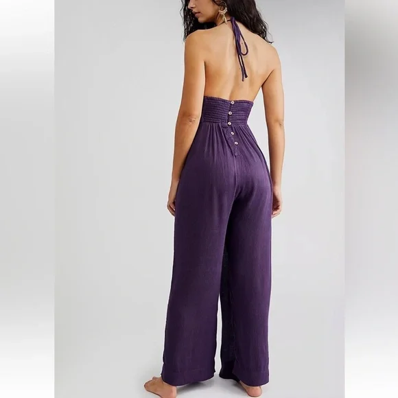 Free People purple Always Ready halter neck wide leg jumpsuit Women’s Sz XL NWT - Picture 2 of 9